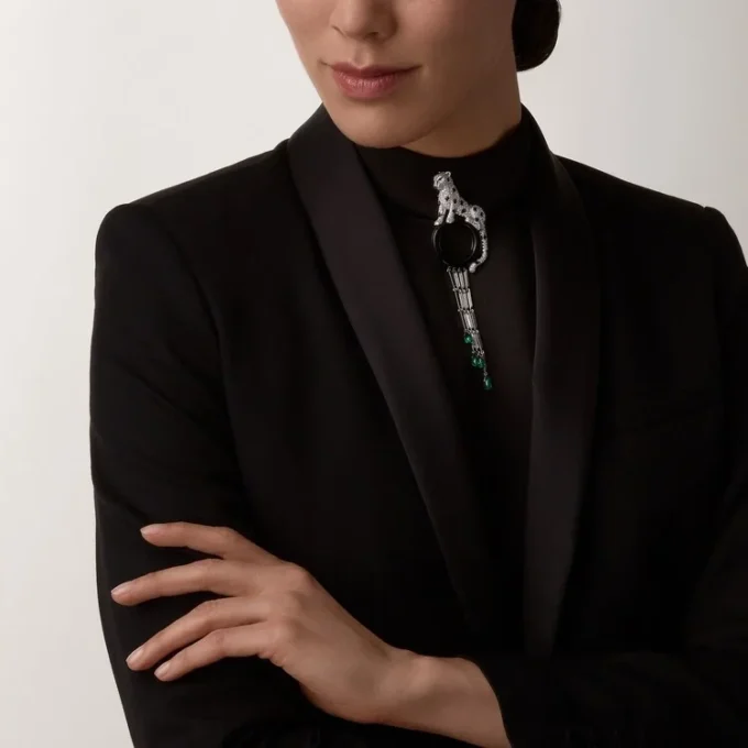 Broșă Panthere De Cartier – Aur alb, smaralde, onix, diamante – Cartier