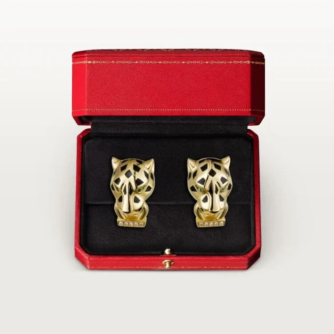 Cercei Panthere De Cartier – Aur galben, lac, diamante, granate tsavorite, onix – Cartier