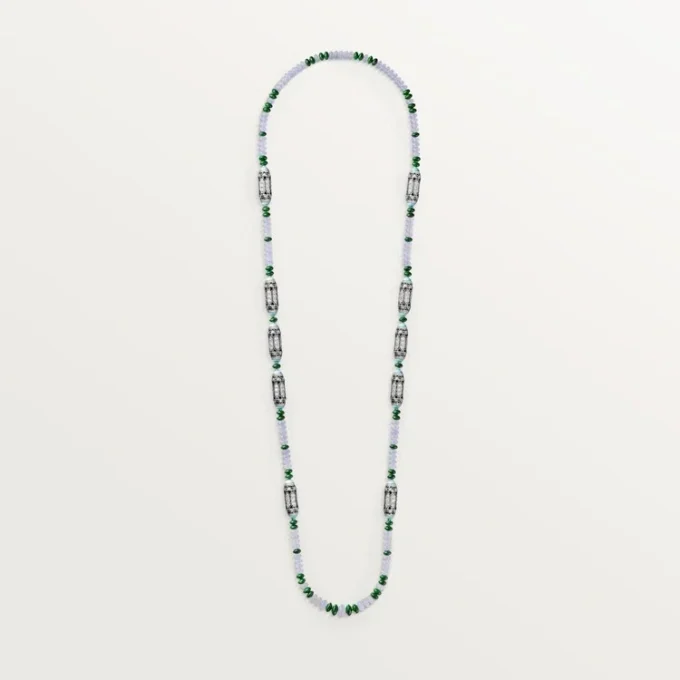 Colier de înaltă bijuterie – Aur alb, calcedonie, skarn, turcoaz, lac negru, diamante – Cartier
