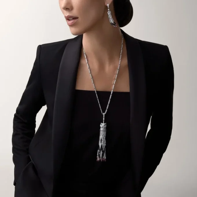 Colier lung Panthere De Cartier, rubin, model mare, cu multiple posibilități de purtare, pavat