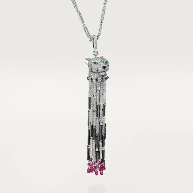 Colier lung Panthere De Cartier, rubin, model mare, cu multiple posibilități de purtare, pavat