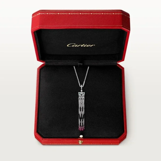 Colier lung Panthere De Cartier, rubin, model mare, cu multiple posibilități de purtare, pavat