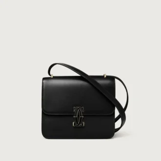 Geantă de umăr, Mini, Double C De Cartier – Piele de vițel neagră, finisaj auriu și email negru – Cartier