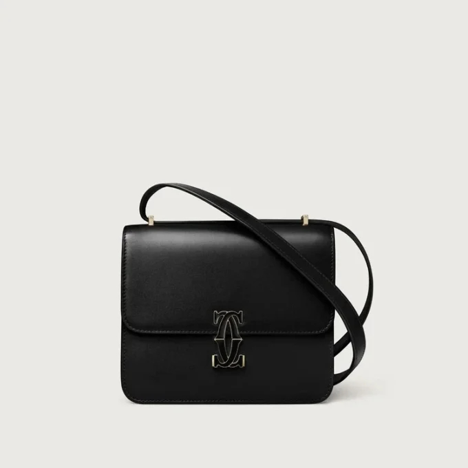 Geantă de umăr, Mini, Double C De Cartier – Piele de vițel neagră, finisaj auriu și email negru – Cartier
