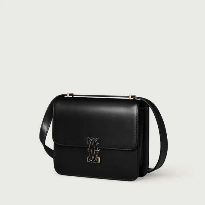 Geantă de umăr, Mini, Double C De Cartier – Piele de vițel neagră, finisaj auriu și email negru – Cartier