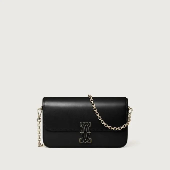 Geantă mini cu lanț, Double C De Cartier – Piele de vițel neagră, finisaj auriu și email negru – Cartier