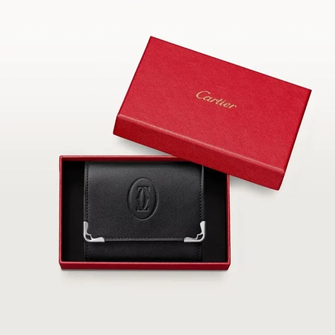 Portmoneu pătrat, Must De Cartier – Piele de vițel neagră, finisaj din oțel inoxidabil – Cartier